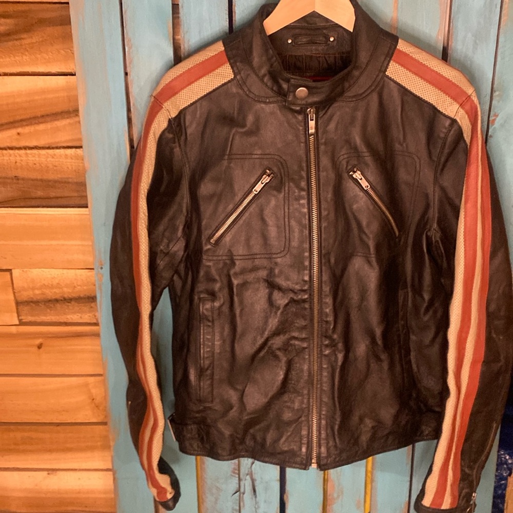 Street Legal black leather biker style jacket size medium white and red trim